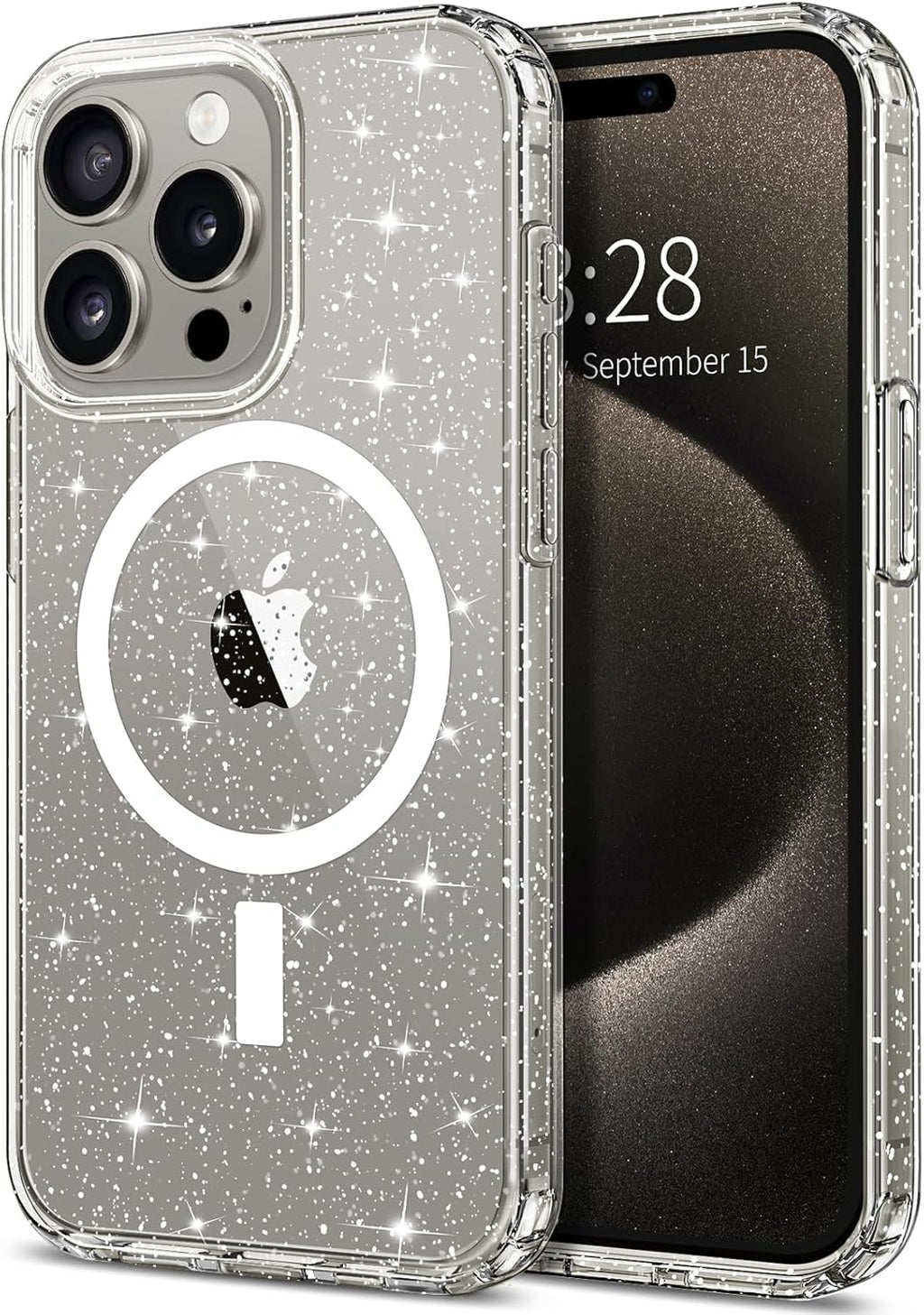 Entronix Glitter Clear Case for Apple iPhone 15 Pro, [Magnetic-Compatible] Crystal Clear Sparkly Bumper Cover - Entro Retail