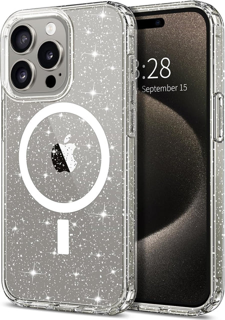 Entronix Glitter Clear Case for Apple iPhone 15 Pro, [Magnetic-Compatible] Crystal Clear Sparkly Bumper Cover - Entro Retail