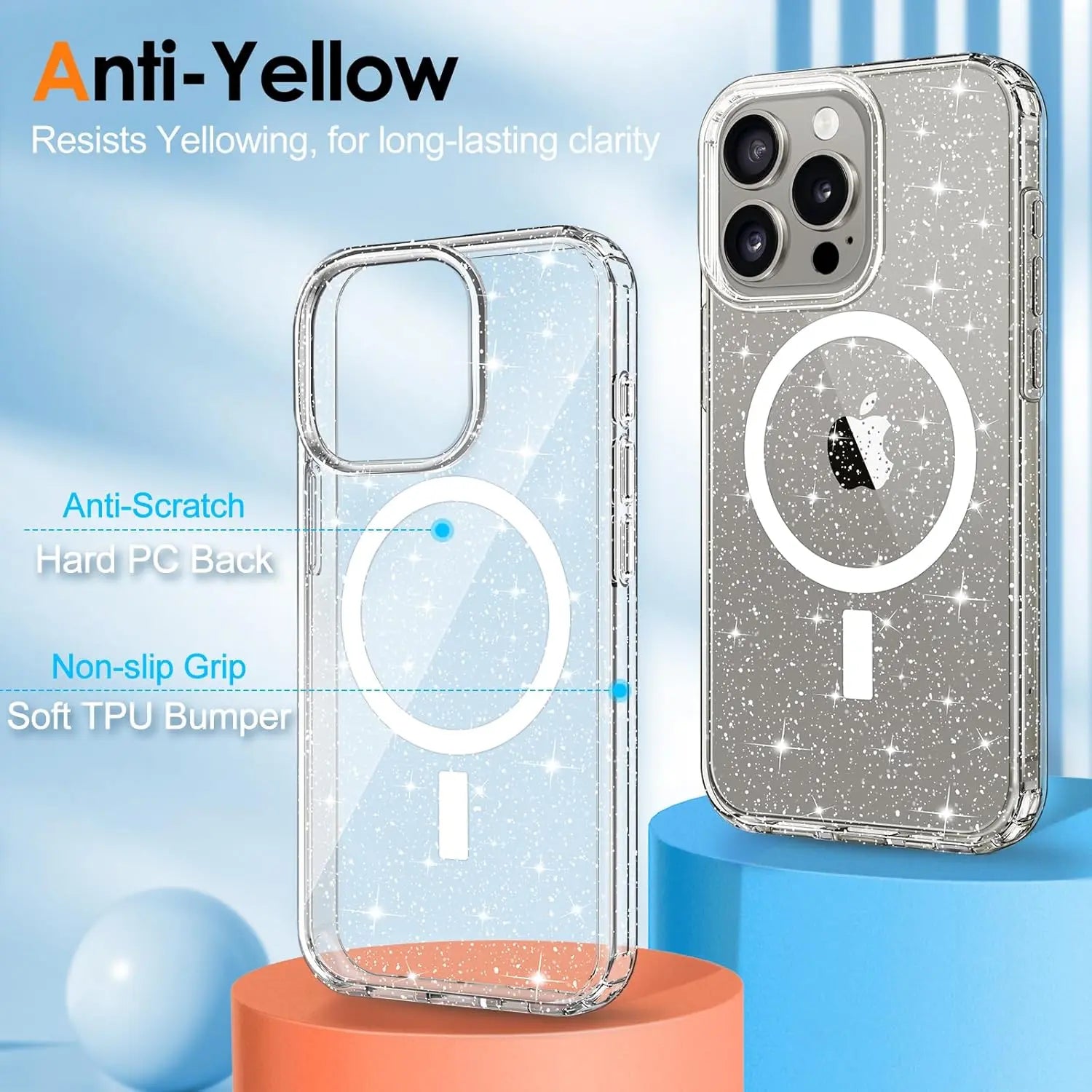 Entronix Glitter Clear Case for Apple iPhone 15 Pro Max, [Magnetic-Compatible] Crystal Clear Sparkly Bumper Cover - Entro Retail
