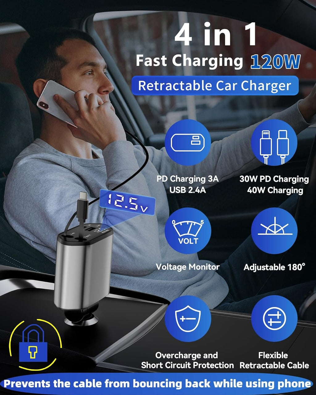 Entronix 4-in-1 Car Charger Adapter – Dual USB-C & USB-A Multi-Port Fast Charging Hub