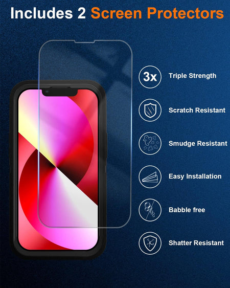Entronix 3-in-1 Bundle for Apple iPhone 13, Heavy Duty Case & 2 Clear Tempered Glass Screen Protectors - Entro Retail