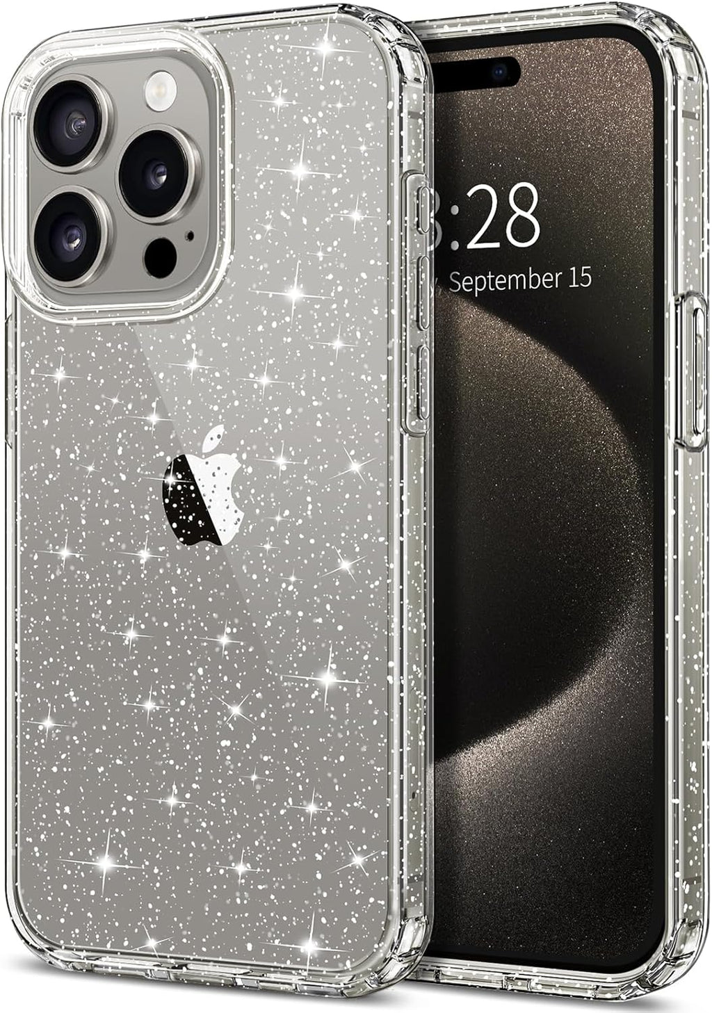 Entronix Glitter Clear Case for Apple iPhone 15 Pro Max, Crystal Clear Sparkly Bumper Cover - Entro Retail