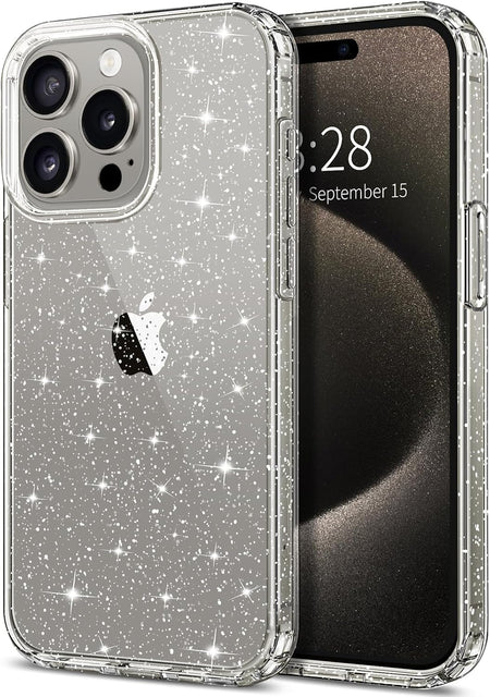 Entronix Glitter Clear Case for Apple iPhone 15 Pro Max, Crystal Clear Sparkly Bumper Cover - Entro Retail