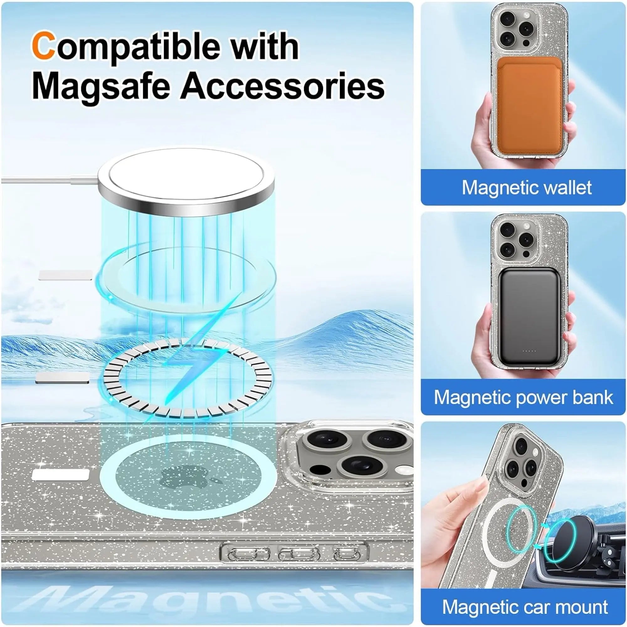 Entronix [Magnetic] Case Compatible with iPhone 13 - [Hard Back] Glitter Clear - Entronix