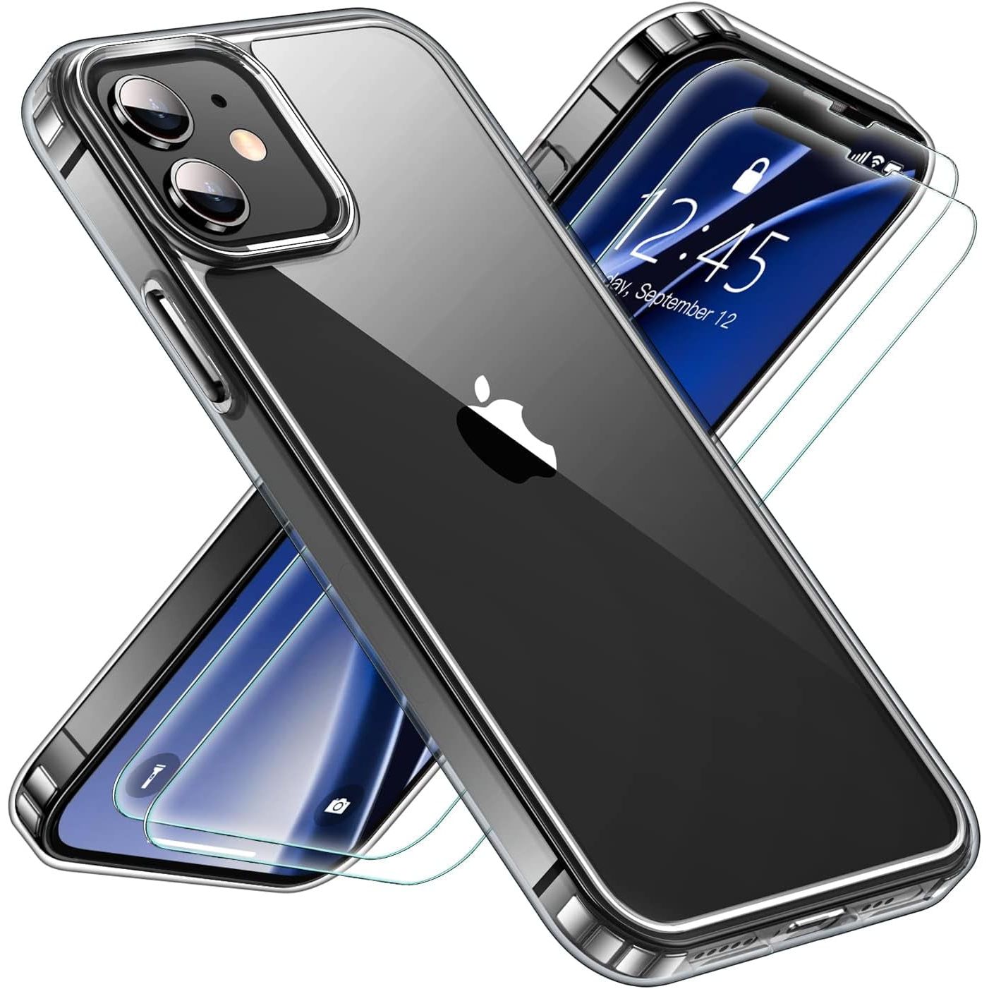 Entronix Case Heavy Duty Clear Case for Apple iPhone 12 Mini Transparent with 2 Tempered Glass Screen Protector, Shockproof Dropproof Slim Case - Entro Retail