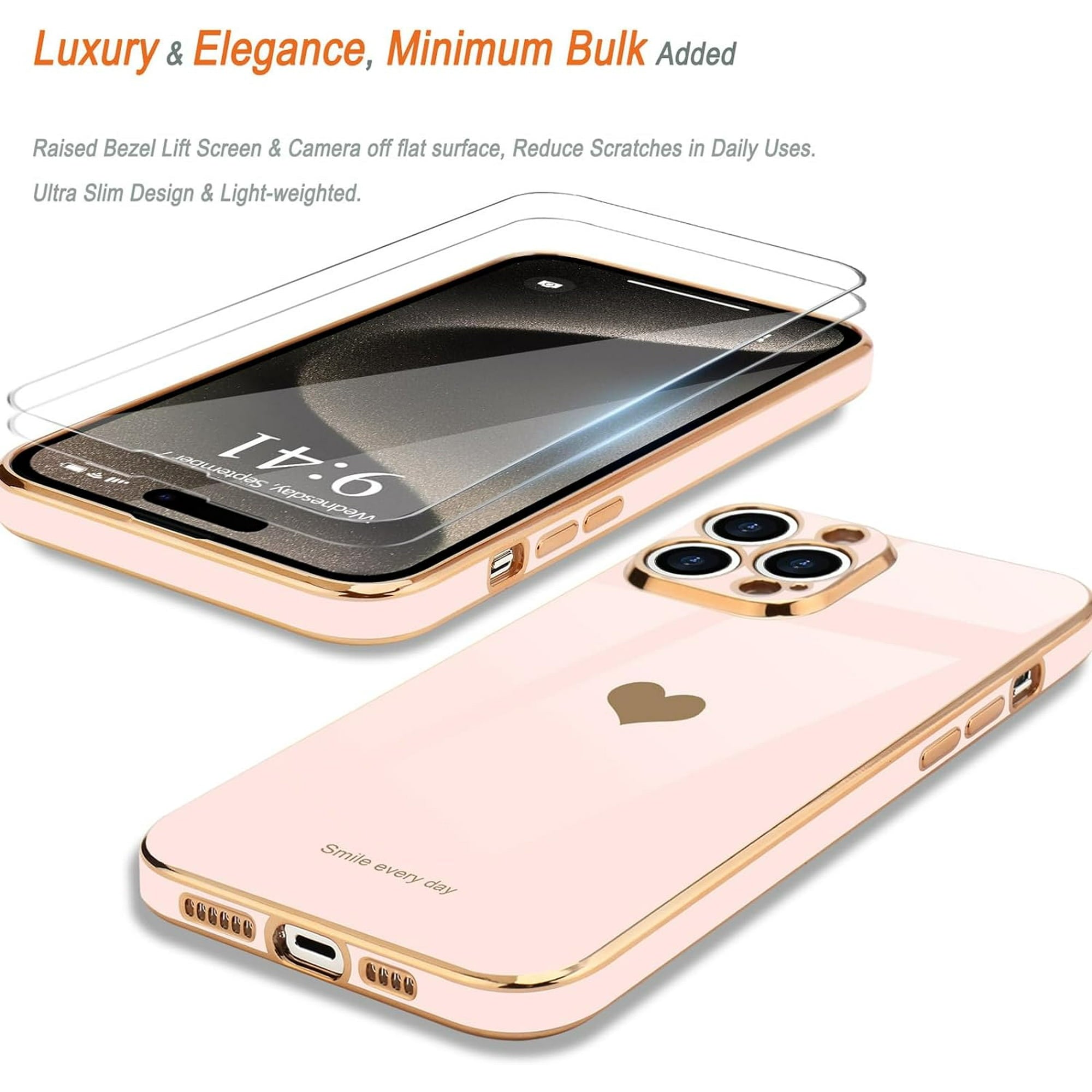 Entronix Bundle Compatible with iPhone 15 Pro Max - [Flexible] Glossy Heart Case & 2 Clear Screen Protectors