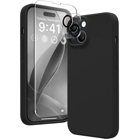 Entronix Silicone Case Designed for Apple iPhone 15 Liquid Silicone Case, 3 in 1 Bundle Case with Clear Tempered Glass and Camera Lens Shockproof Case - Entro Retail