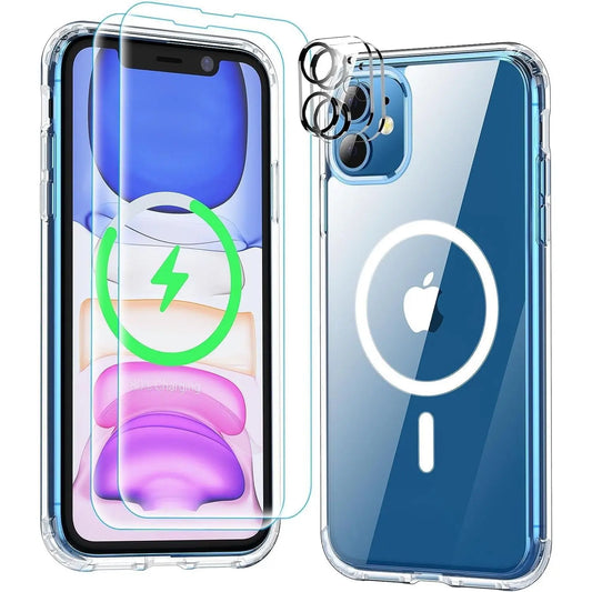 Entronix Case Magnetic Crystal Clear Case Designed for Apple iPhone 12 with 2 Tempered and Camera Lens, Shockproof Transparent - Entro Retail