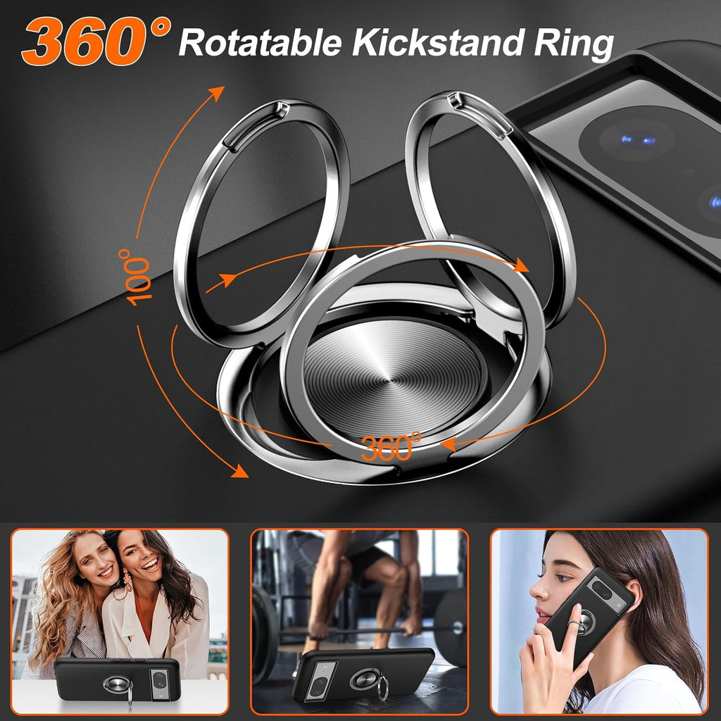 Entronix Bundle Compatible with Pixel 8  - 360º Circular Ring Gripstand Case, 2 Clear Screen Protectors & 2 Camera Lens Protectors