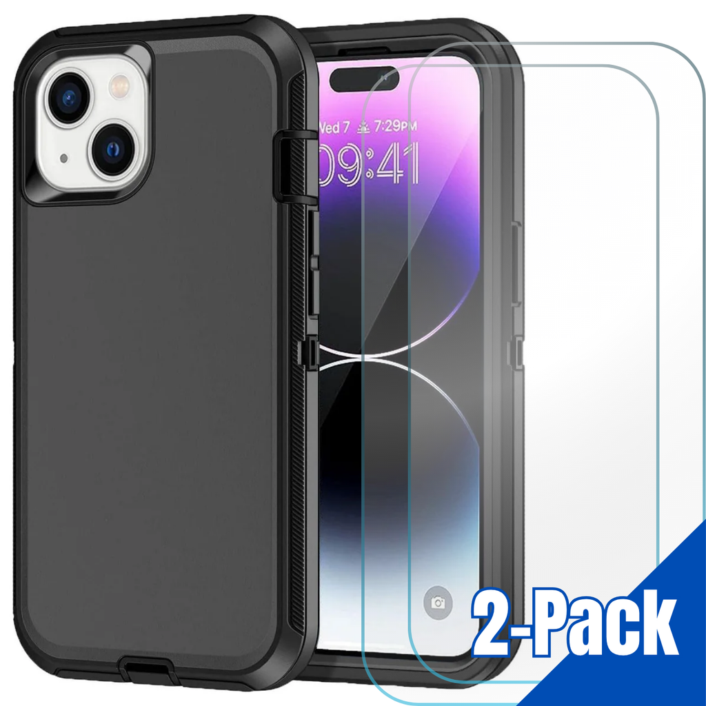 Entronix 3-in-1 Bundle for Apple iPhone 14, Heavy Duty Case & 2 Clear Tempered Glass Screen Protectors - Entro Retail