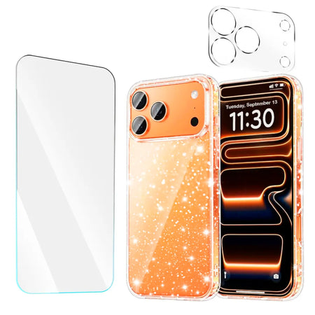 Entronix Bundle Compatible with iPhone 17 Pro Max - [Hard] Glitter Clear Case, 1 Clear Screen Protector & 1 Camera Lens Protector - Entronix