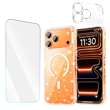Entronix Bundle Compatible with iPhone 17 Pro Max - [Magnetic] Glitter Clear Case, 1 Clear Screen Protector & 1 Camera Lens Protector - Entronix