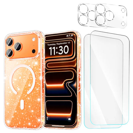 Entronix Bundle Compatible with iPhone 17 Pro Max - [Magnetic] Glitter Clear Case, 2 Clear Screen Protector & 2 Camera Lens Protectors - Entronix
