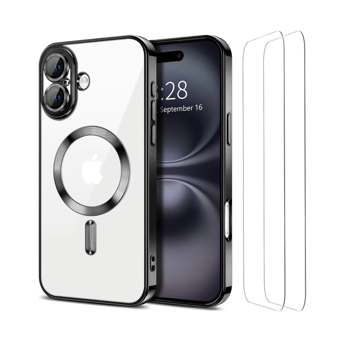 Entronix Apple iPhone 16 [Magnetic-Compatible] Clear Shiny Case & 2 Tempered Glass Screen Protectors - Entronix