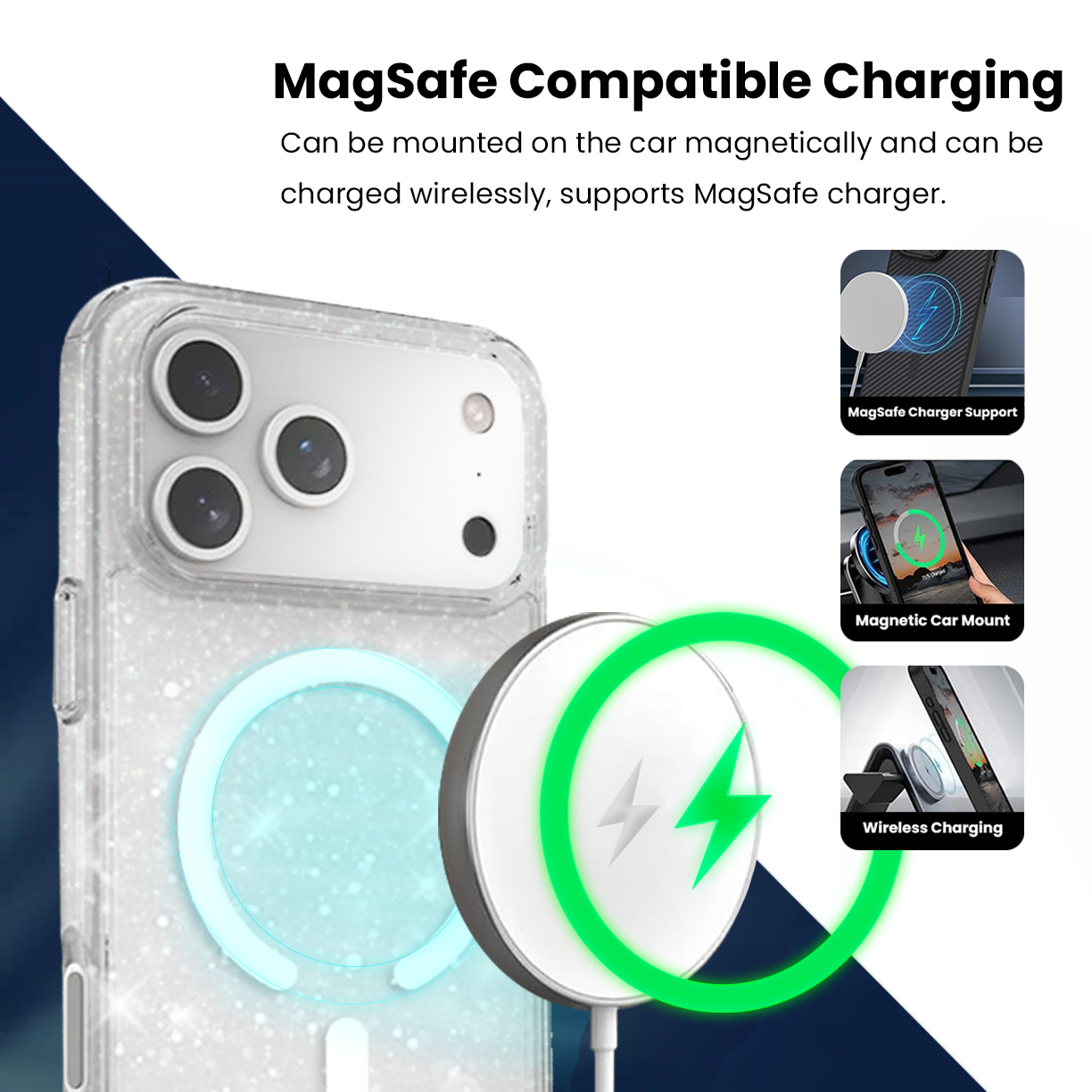 Entronix [Magnetic] Case Compatible with iPhone 17 Pro Max - [Hard Back] Glitter Clear