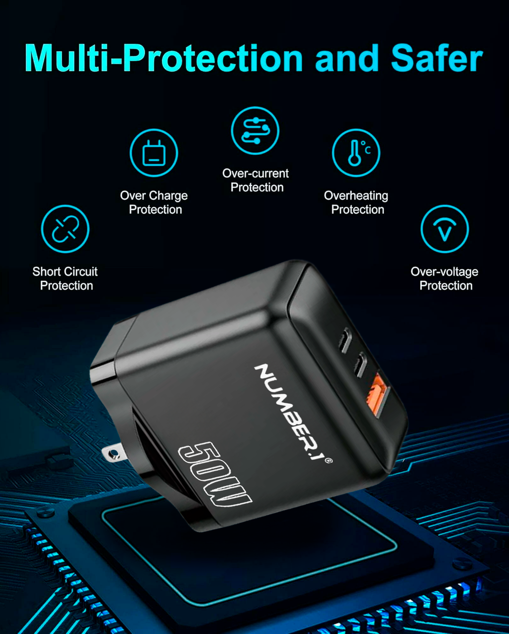 Entronix 50W Wall Charger – Dual USB-C & USB-A Fast Charging Plug