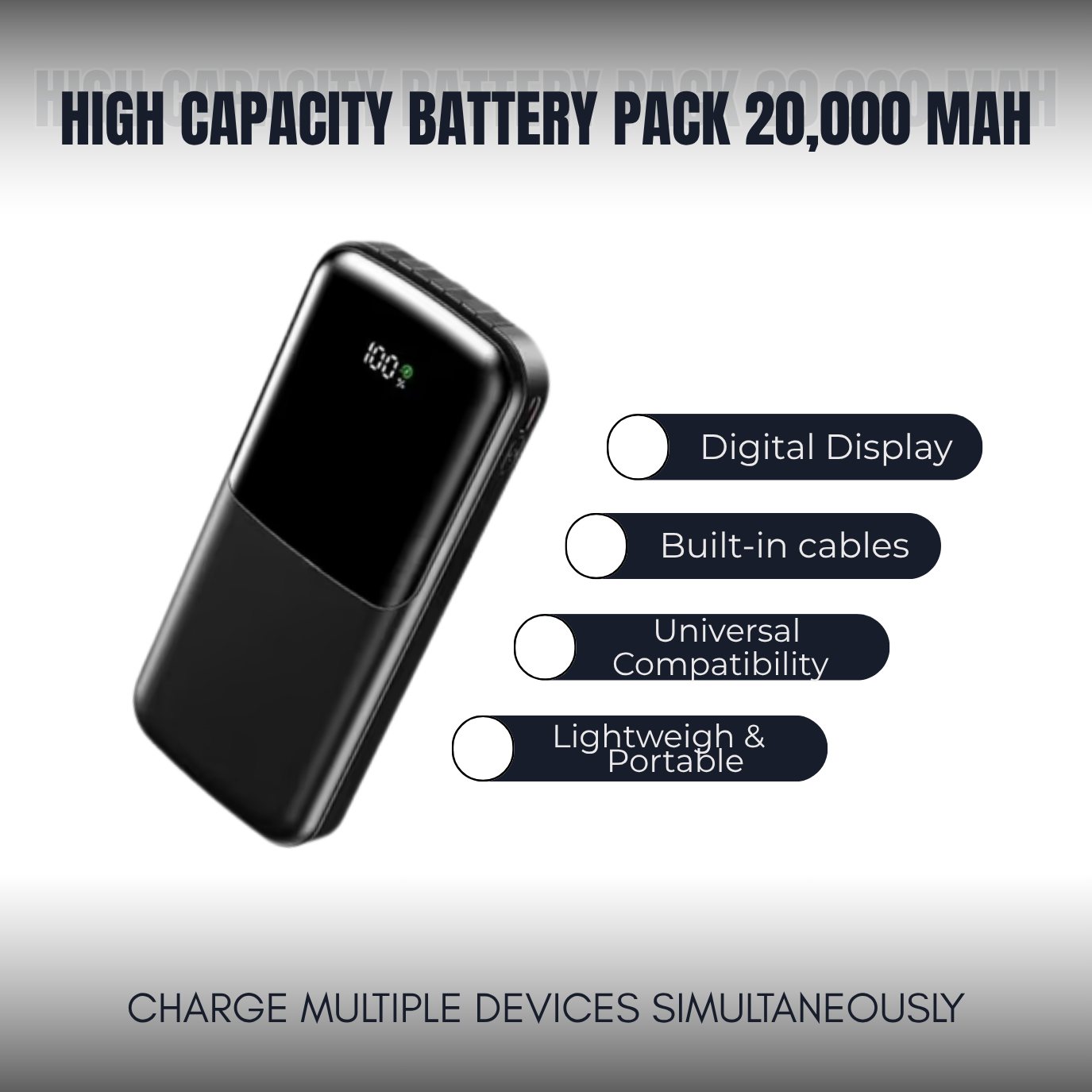 Entronix [3-in-1] Power Bank - 20000 mAh Built-in Cables USB-C/iPhone/Android ENTRONIX