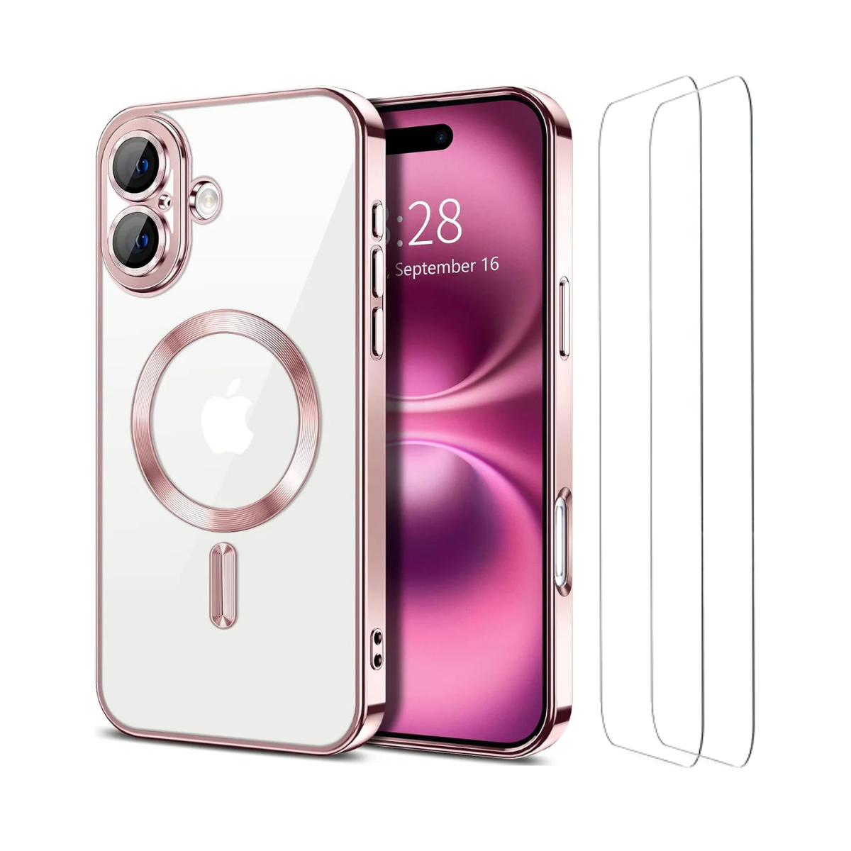 Entronix Apple iPhone 16 [Magnetic-Compatible] Clear Shiny Case & 2 Tempered Glass Screen Protectors - Entronix