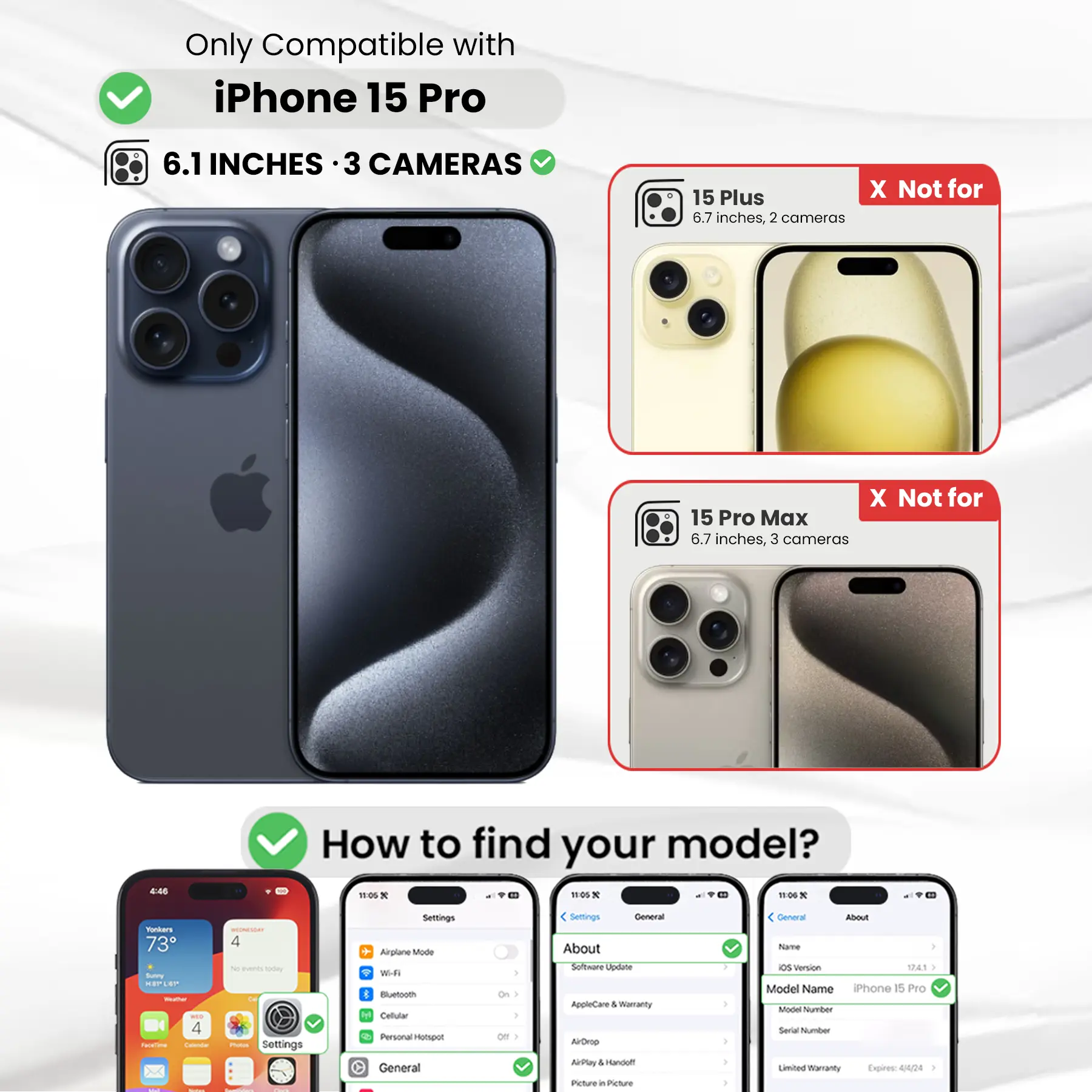 Entronix Bundle Compatible with iPhone 15 Pro - [Hard Back] Clear Case, 1 Clear Screen Protector & 1 Camera Lens Protector