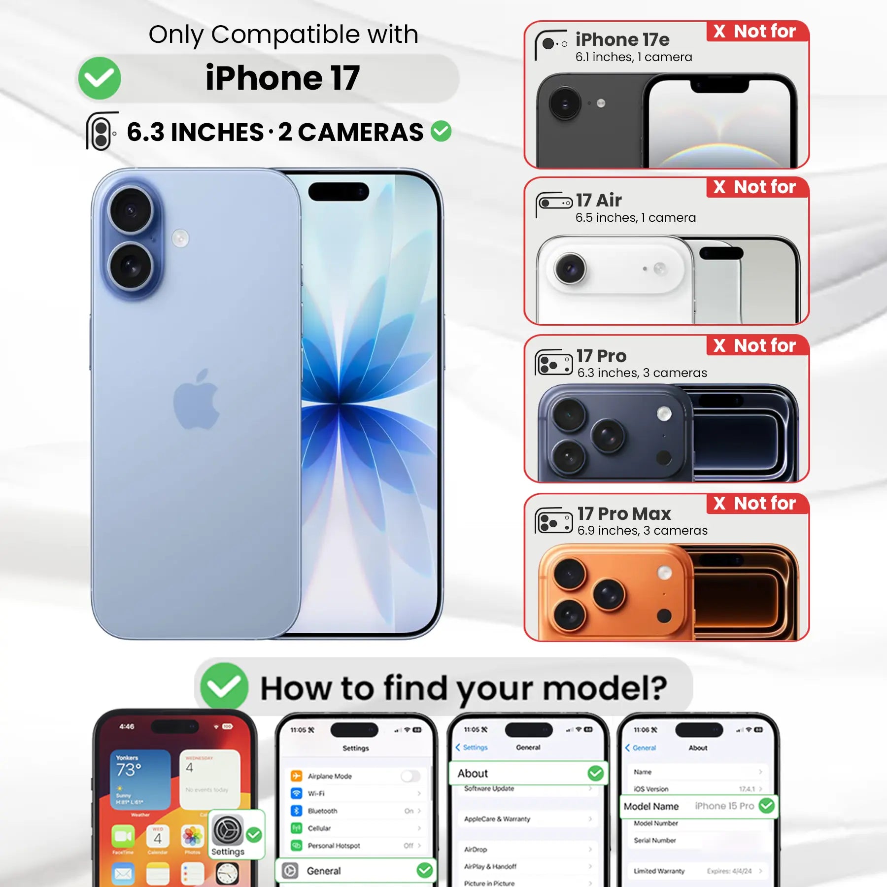 Entronix Bundle Compatible with iPhone 17 - [Hard Back] Glitter Clear Case, 1 Clear Screen Protector & 1 Camera Lens Protector