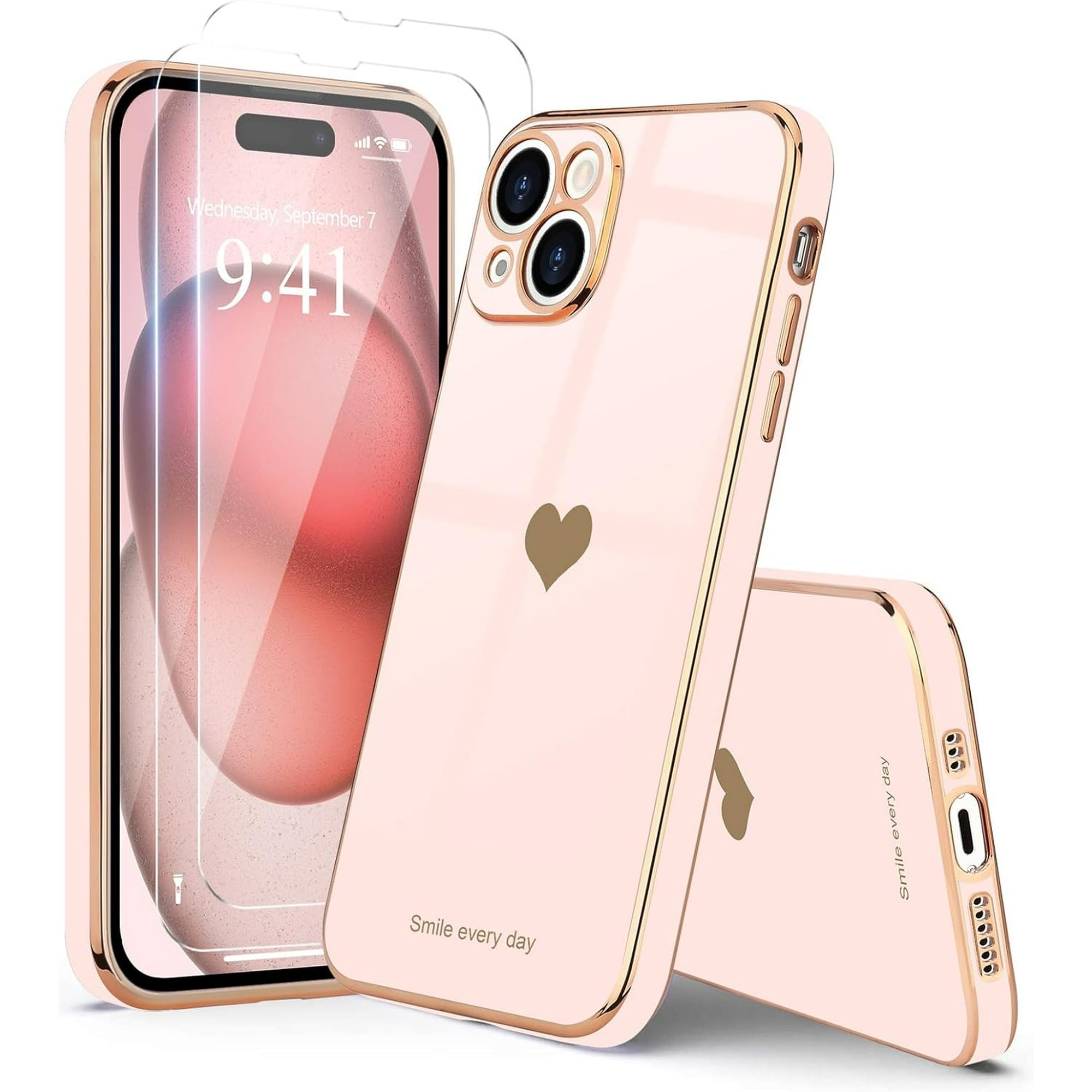 Entronix Bundle Compatible with iPhone 15 Plus - [Flexible] Glossy Heart Case & 2 Clear Screen Protectors