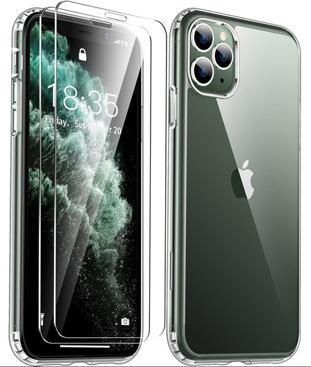 Entronix Case Heavy Duty Clear Case for Apple iPhone 11 Pro Transparent with 2 Tempered Glass Screen Protector, Shockproof Dropproof Slim Case - Entro Retail