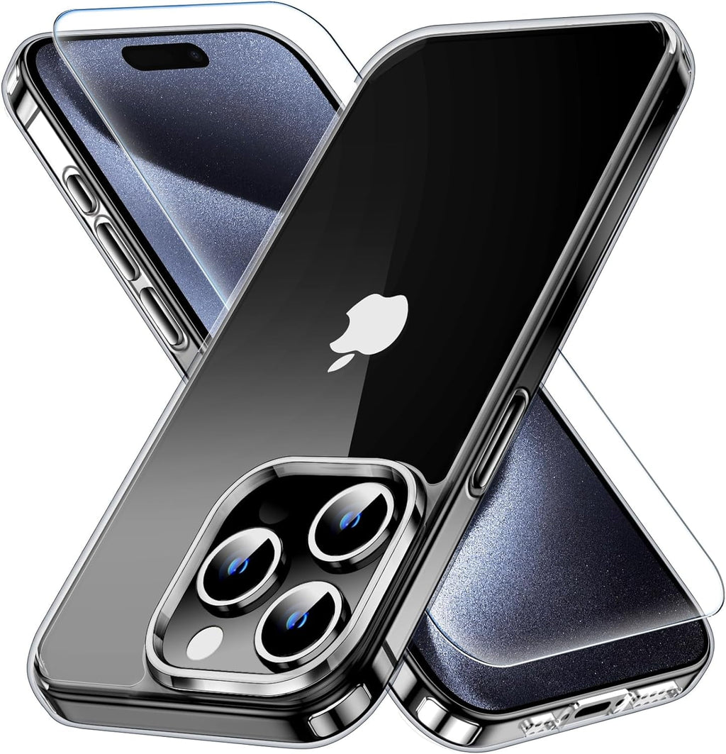 Entronix Case Heavy Duty Clear Case for Apple iPhone 15 Pro Max Transparent with 1 Tempered Glass Screen Protector, Shockproof Dropproof Slim Case - Entro Retail