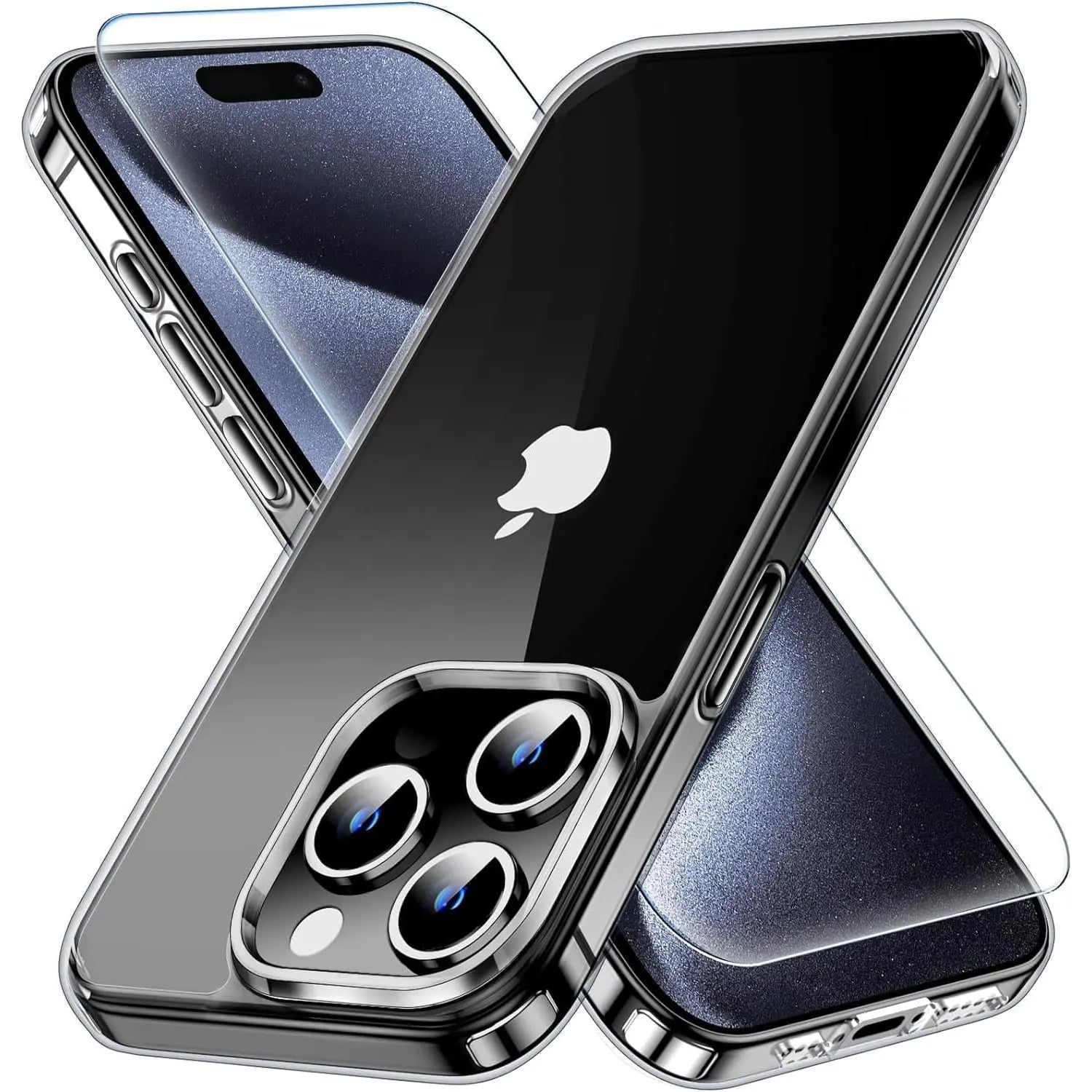 Entronix Case Heavy Duty Clear Case for Apple iPhone 15 Pro Transparent with 1 Tempered Glass Screen Protector, Shockproof Dropproof Slim Case - Entro Retail