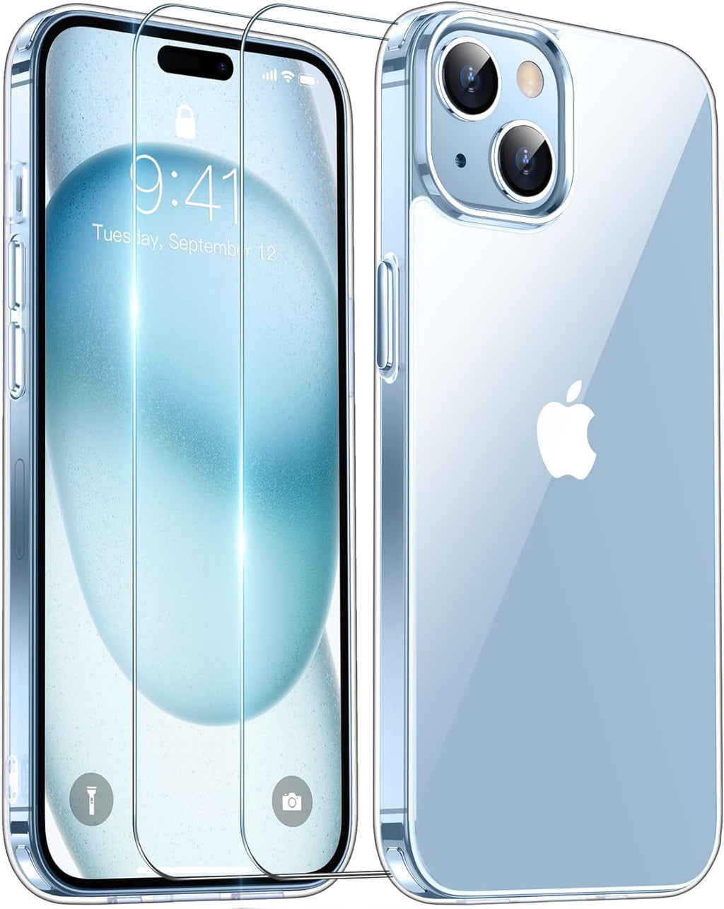 Entronix Case Heavy Duty Clear Case for Apple iPhone 15 Plus Transparent with 2 Tempered Glass Screen Protector, Shockproof Dropproof Slim Case - Entro Retail