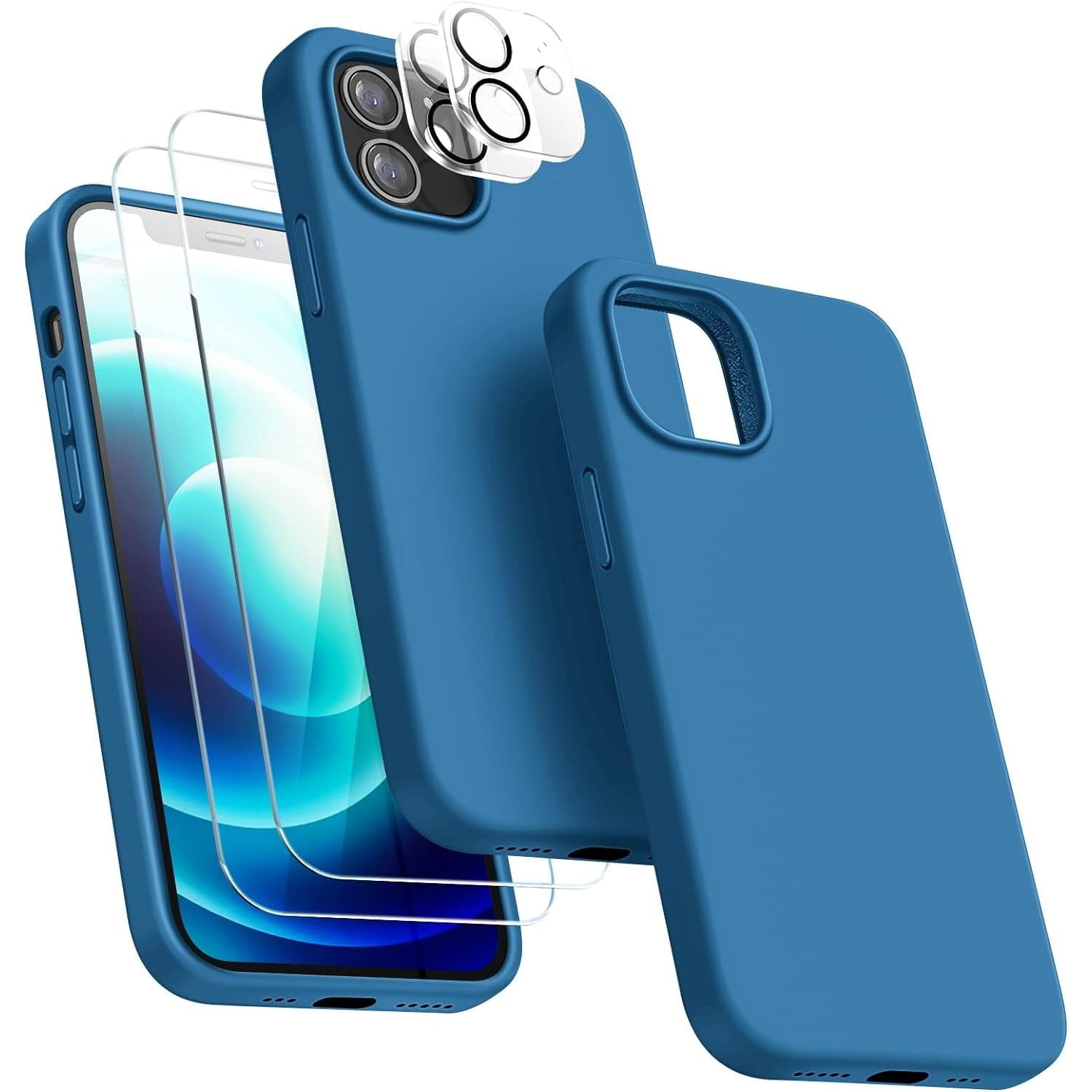 Entronix Apple iPhone 12 Mini 5-in-1 Bundle - Liquid Silicone Case, 2 Clear Screen Protectors & 2 Camera Lens Protectors, - Entro Retail