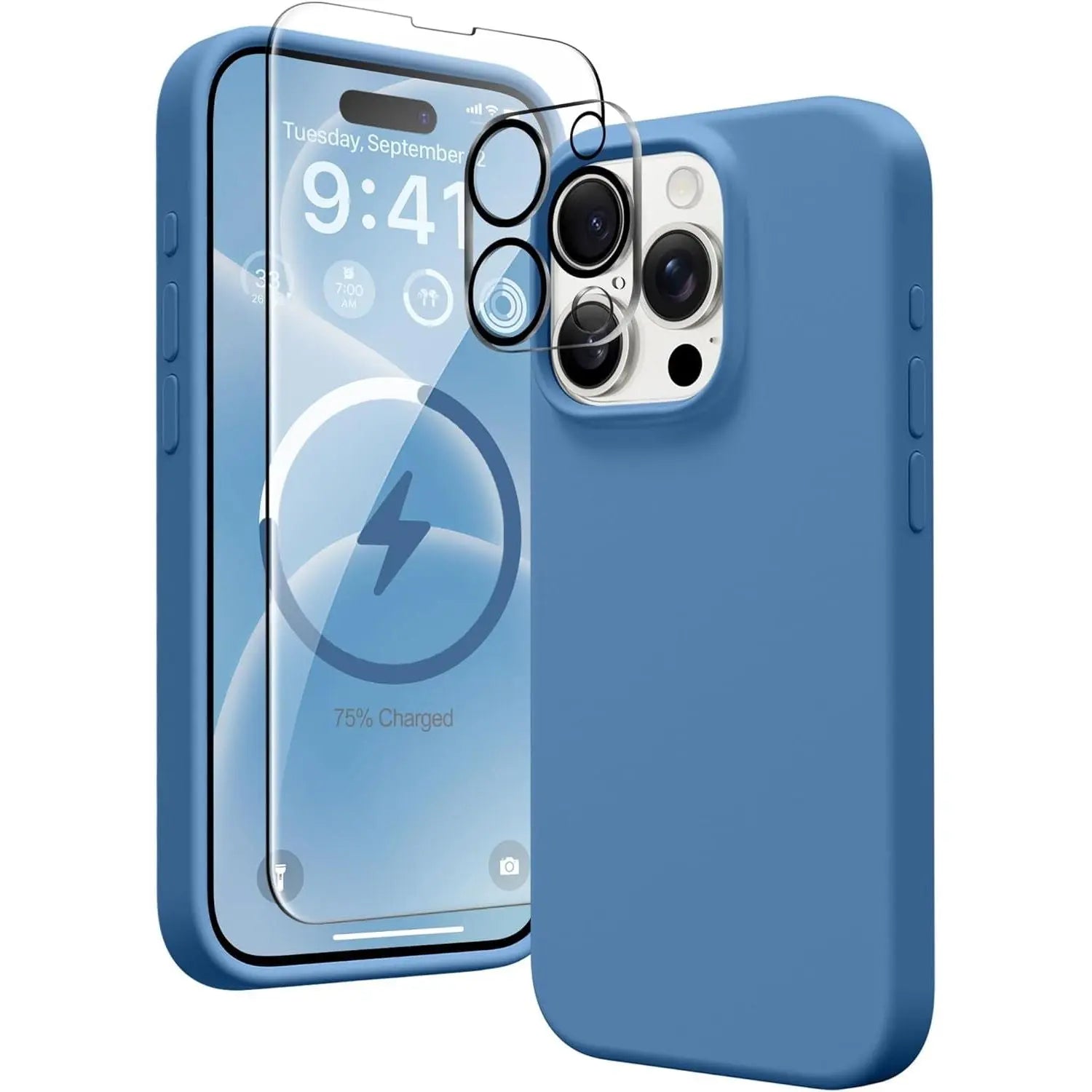 Entronix Apple iPhone 15 Pro 3-in-1 Bundle - Liquid Silicone Case, 1 Clear Screen Protector & 1 Camera Lens Protector, - Entro Retail