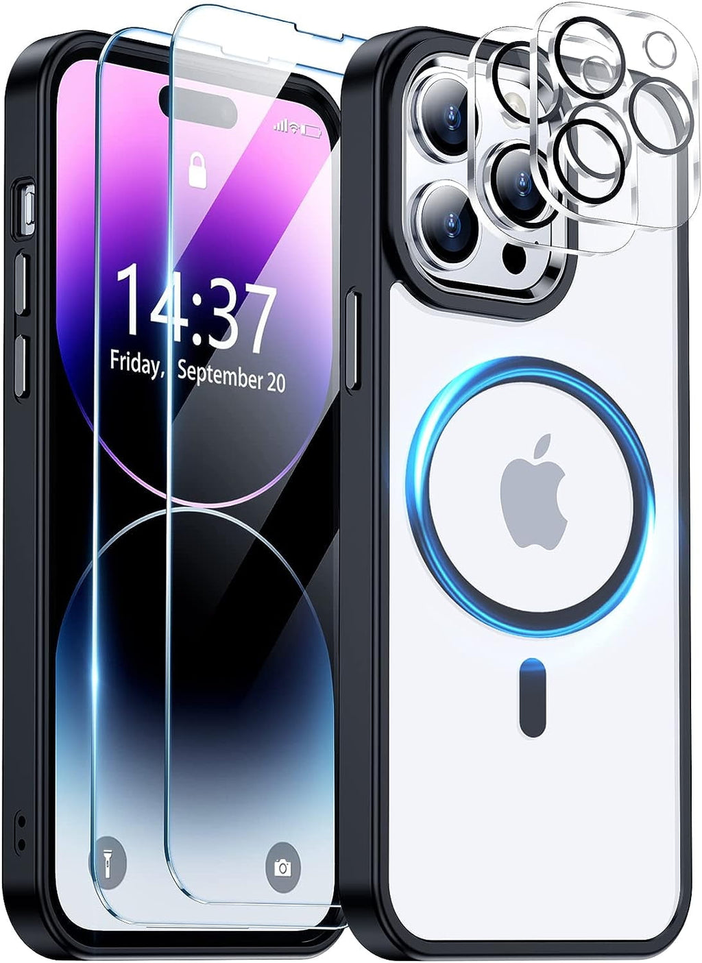 Entronix Case Magnetic Crystal Clear Case Designed for Apple iPhone 14 Pro with 2 Tempered and 1 Camera Lens, Shockproof Transparent - Entro Retail