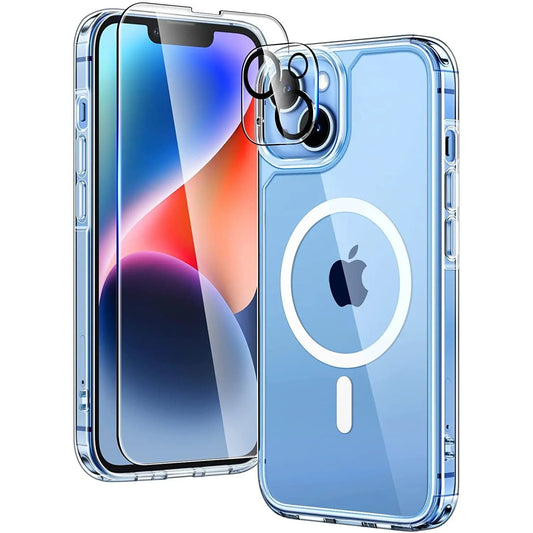 Entronix Case Magnetic Clear Case Designed for Apple iPhone 14 Plus with 1 Tempered and Camera Lens, Shockproof Transparent Crystal Cover - Entro Retail