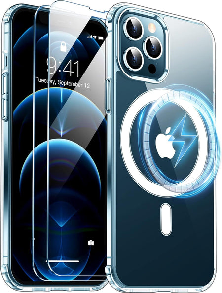 Entronix Case Magnetic Clear Case Designed for Apple iPhone 12 Pro with 2 Tempered Glass, Shockproof Transparent Crystal Cover - Entro Retail