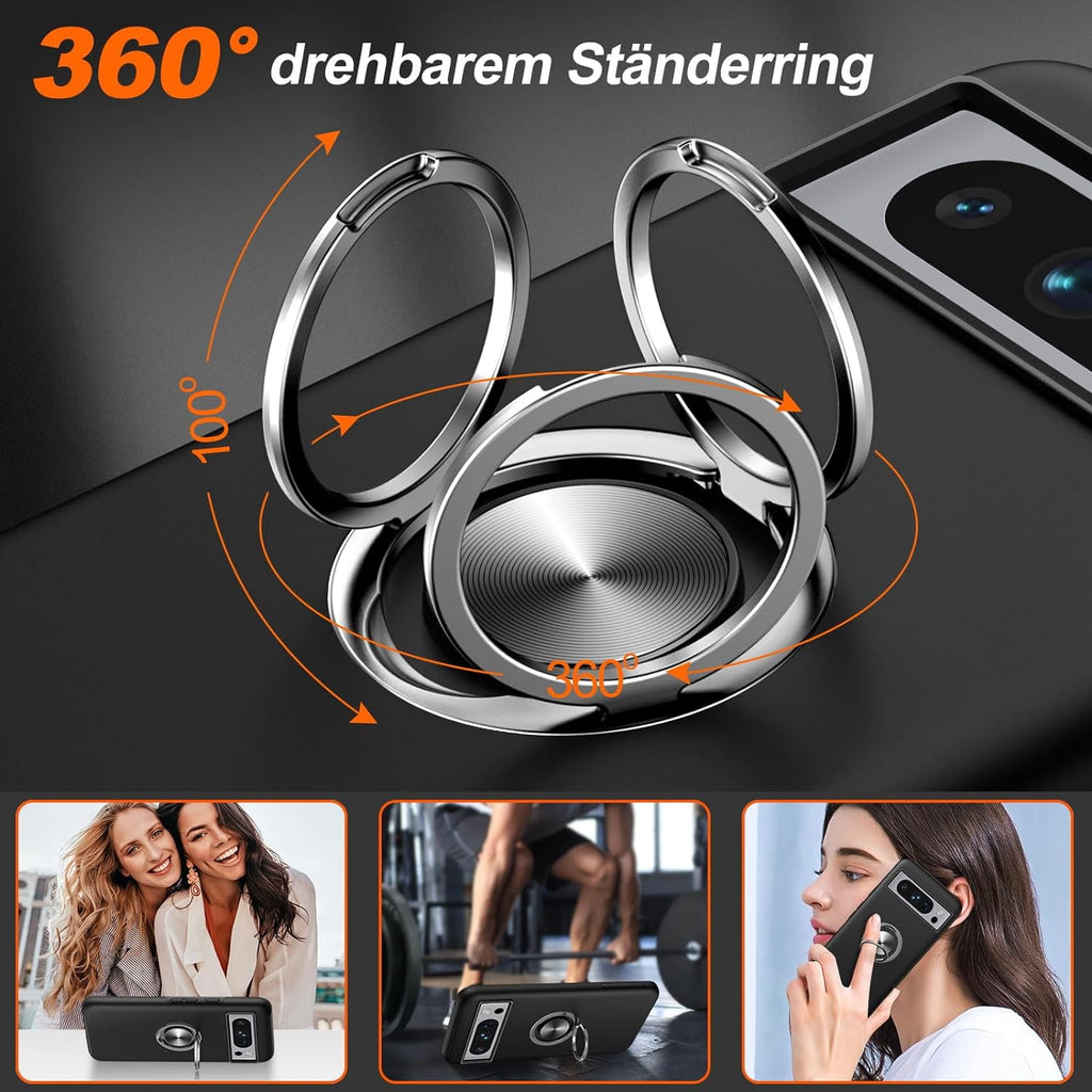 Entronix Bundle Compatible with Pixel 8 Pro - 360º Circular Ring Gripstand Case, 2 Clear Screen Protectors & 2 Camera Lens Protectors
