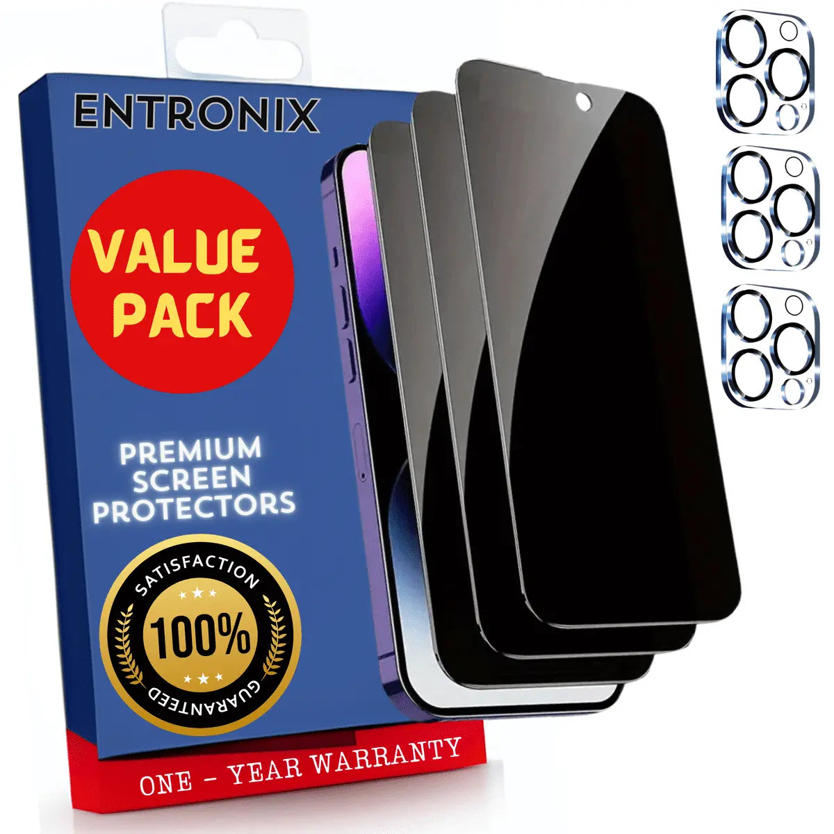Entronix Case Screen Protector Bundle with Camera Cover Designed for Apple iPhone 15 Pro Privacy 9H Hardness,Bubble Free Easy Install, 3 PACK - Entro Retail