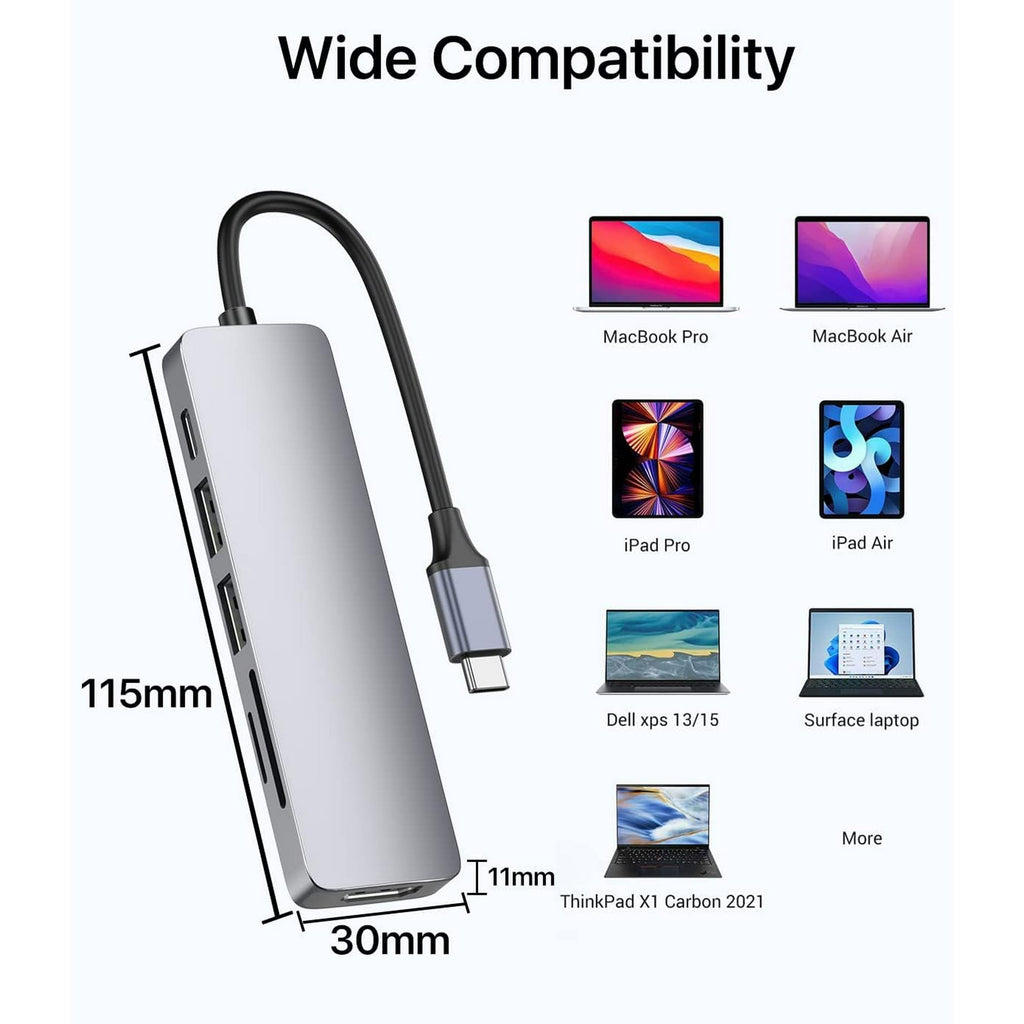Entronix 6-in-1 USB-C Hub Adapter - HDMI, USB, SD, and PD Converter for MacBook and Laptops