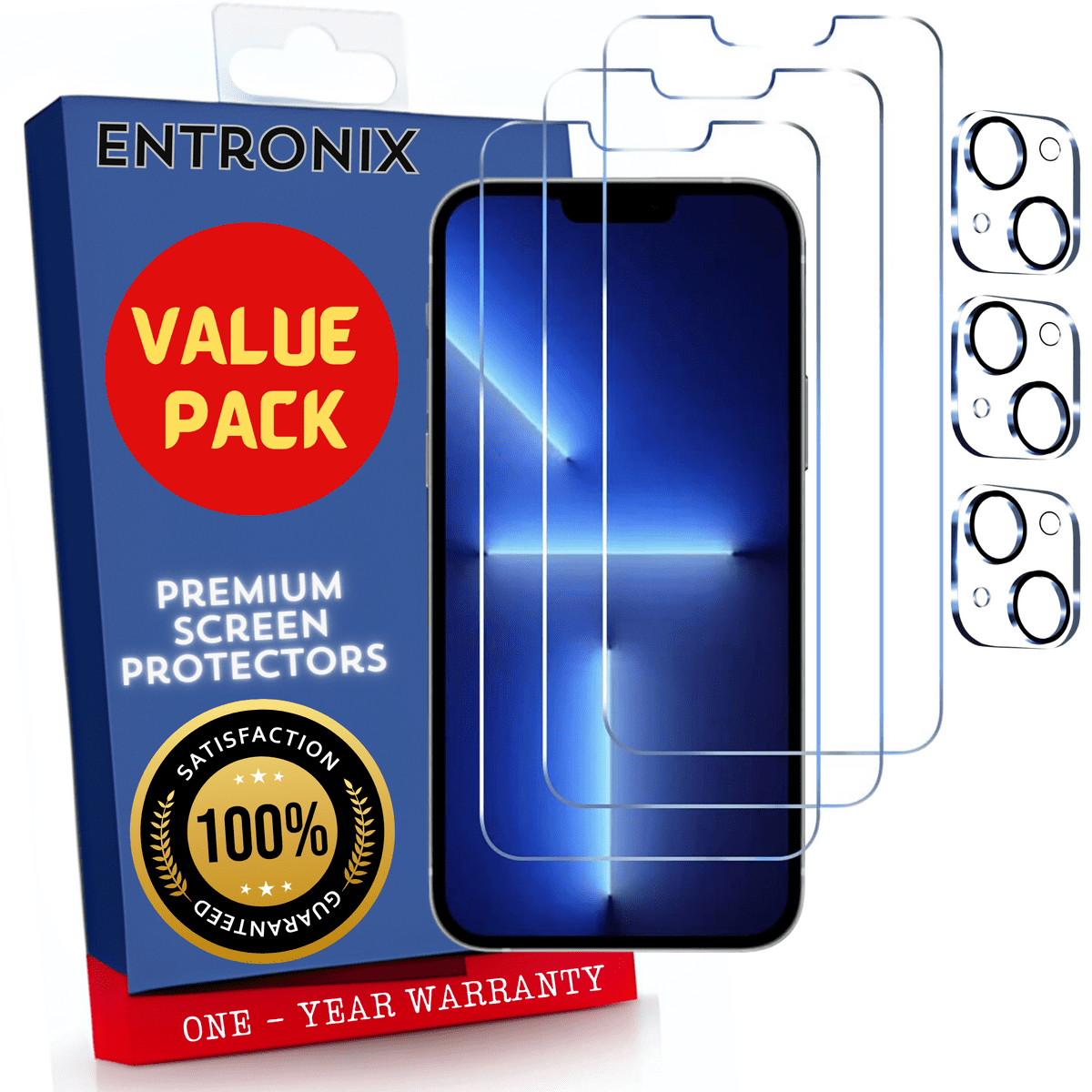 Entronix Case Screen Protector Bundle with Camera Cover Designed for Apple iPhone 13 Clear 9H Hardness,Bubble Free Easy Install, 3 PACK - Entro Retail