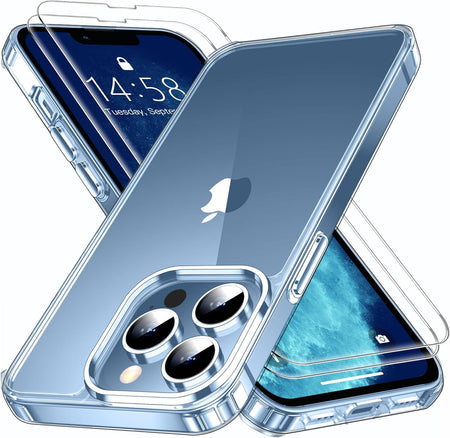 Entronix Case Heavy Duty Clear Case for Apple iPhone 13 Pro Max Transparent with 2 Tempered Glass Screen Protector, Shockproof Dropproof Slim Case - Entro Retail