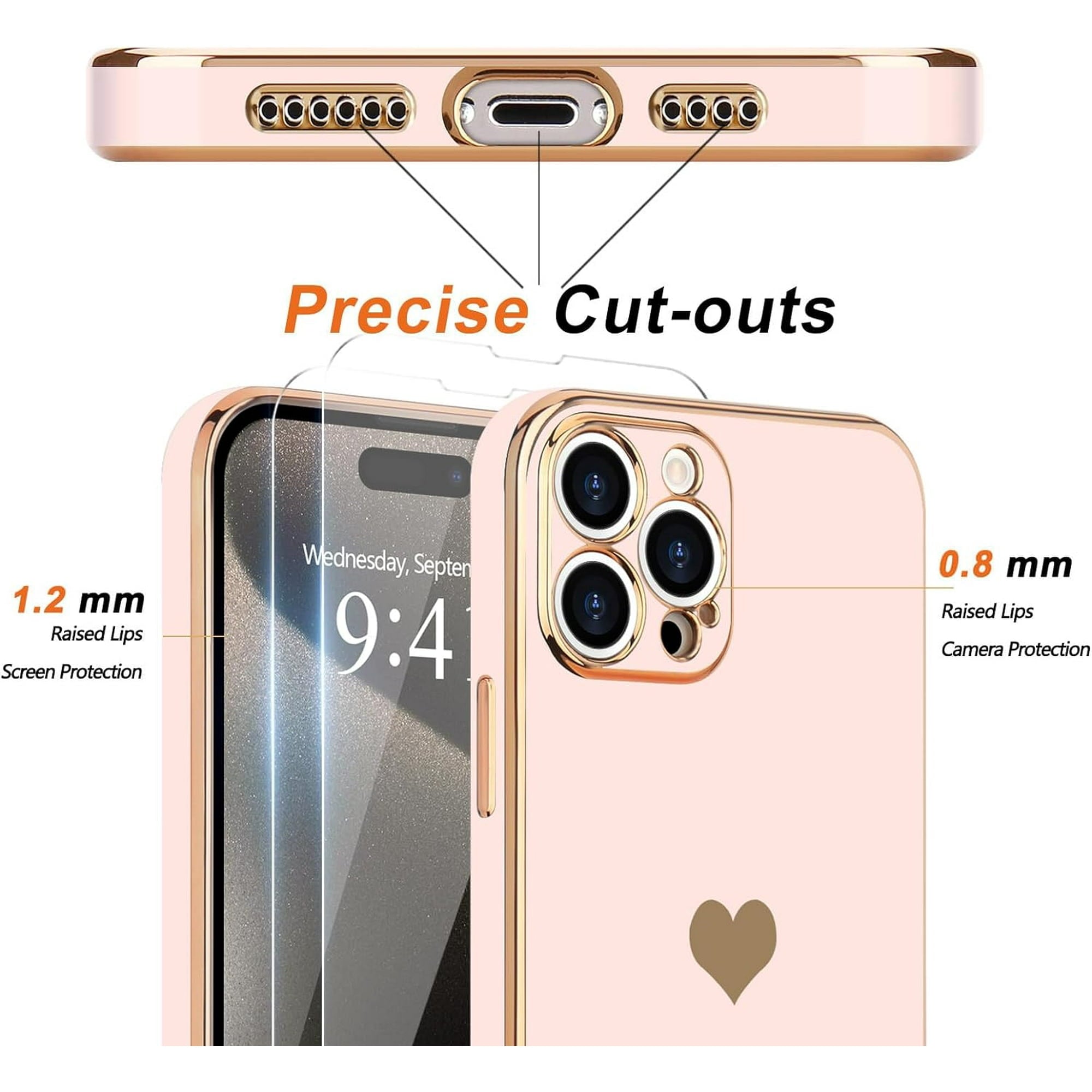 Entronix Bundle Compatible with iPhone 15 Pro Max - [Flexible] Glossy Heart Case & 2 Clear Screen Protectors