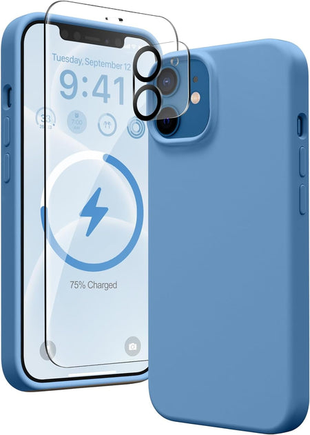 Entronix Silicone Case Designed for Apple iPhone 12 Liquid Silicone Case, 3 in 1 Bundle Case with Clear Tempered Glass and Camera Lens Shockproof Case - Entro Retail