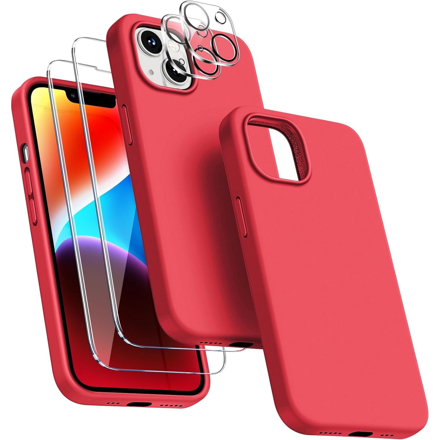 Entronix Case Silicone Case Designed for Apple iPhone 14 Plus Liquid Silicone Case, 5 in 1 Bundle Case with 2 Clear Tempered Glass and 2 Camera Lens - Entro Retail