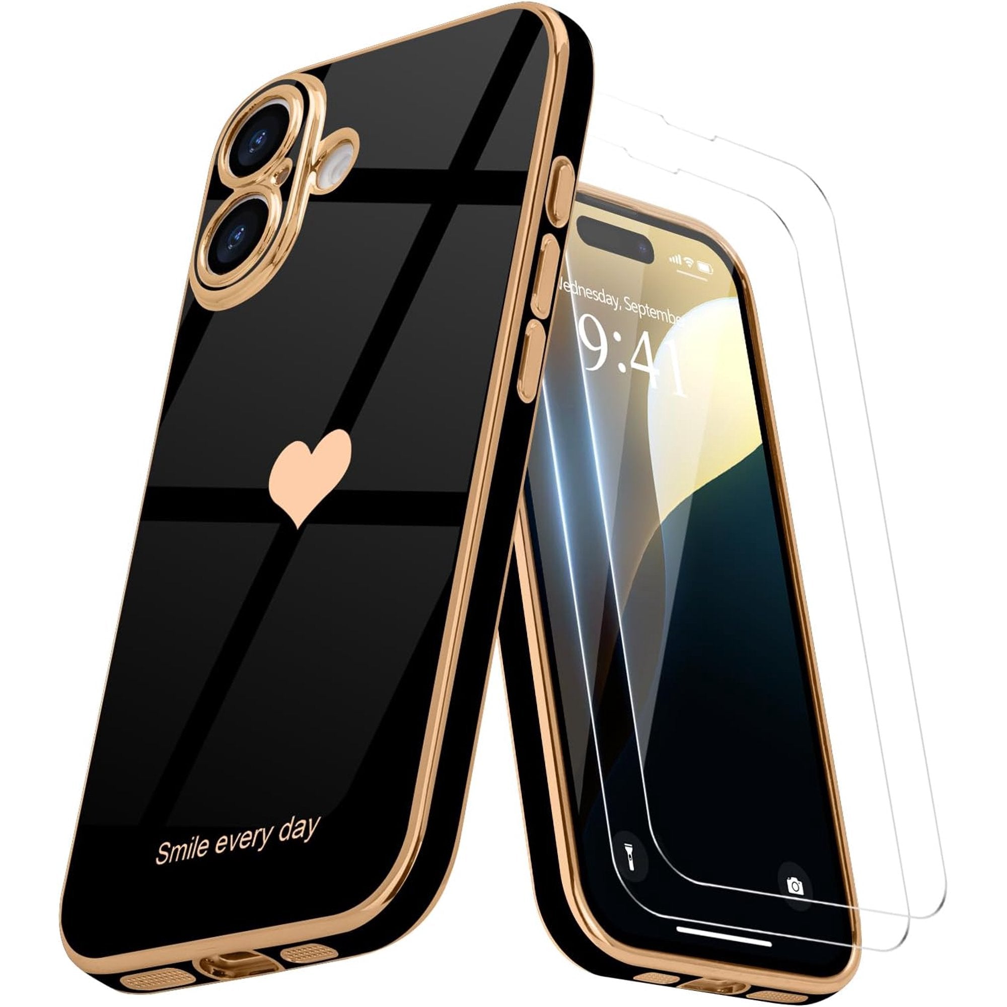 Entronix Apple iPhone 16 [Smile Everyday] Luxury Heart & 2 Tempered Glass Screen Protectors - Entronix