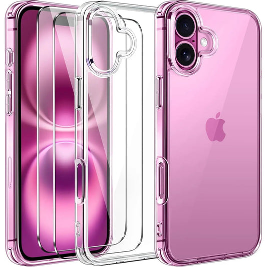 Entronix 3-in-1 Bundle for Apple iPhone 16, Slim Clear Case & 2 Clear Tempered Glass Screen Protectors - Entro Retail